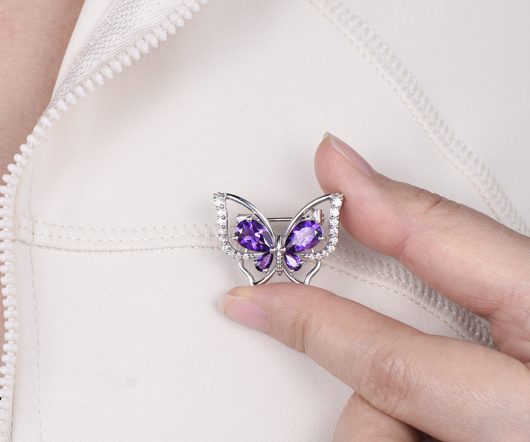 Pear cut amethyst butterfly brooch pave moissanites lapel pins elegant butterfly brooch for women jewelry gifts