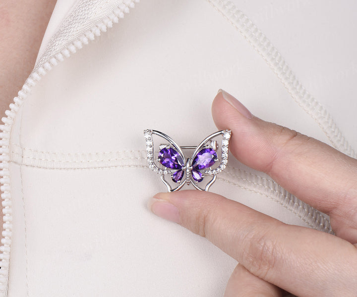 Pear cut amethyst butterfly brooch pave moissanites lapel pins elegant butterfly brooch for women jewelry gifts