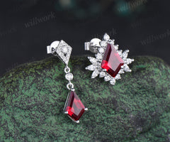 Kite cut ruby asymmetrical earrings drop & stud red gemstone earrings unique mismatched statement jewelry for women