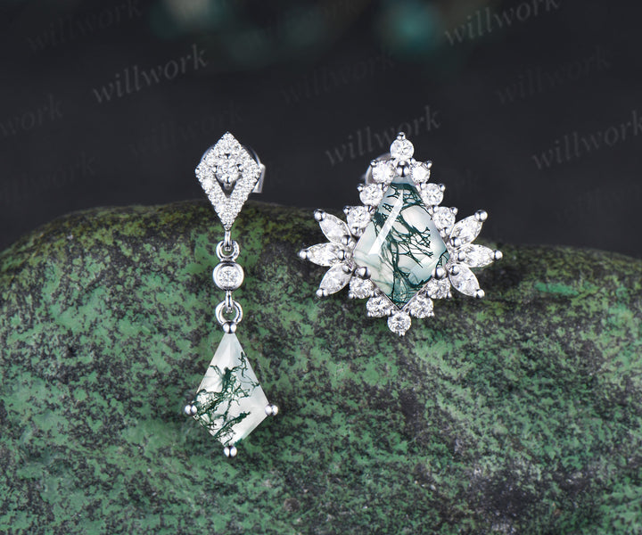Asymmetrical kite cut moss agate earrings unique drop & halo studs solid white gold green jewelry for women