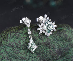 Asymmetrical kite cut moss agate earrings unique drop & halo studs solid white gold green jewelry for women
