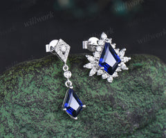 Kite blue sapphire earrings unique halo sapphire moissanite asymmetrical earring stud September birthstone gifts for women