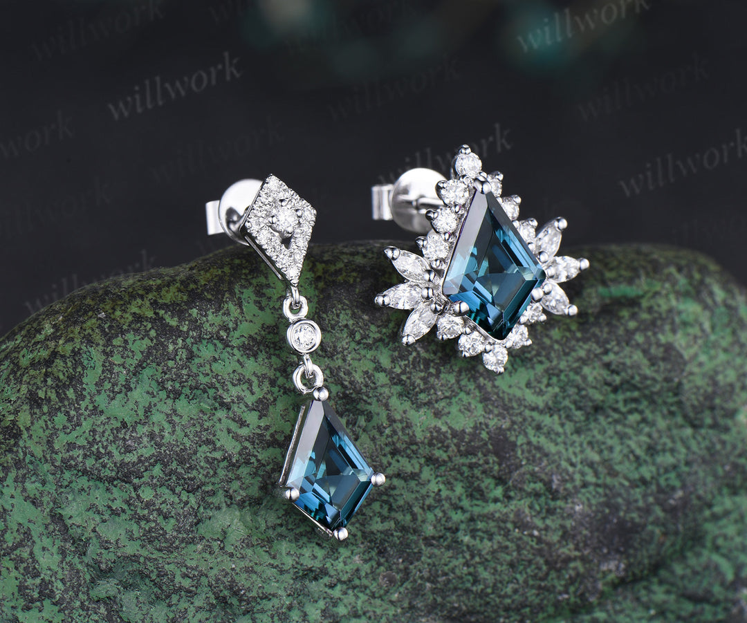 Kite London blue topaz earrings halo blue gemstone drop earrings topaz studs personalized solid white gold piercing jewelry