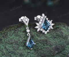 Kite London blue topaz earrings halo blue gemstone drop earrings topaz studs personalized solid white gold piercing jewelry