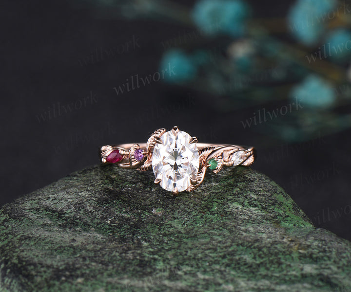 Oval moissanite engagement ring leaf twig ruby emerald accents ring moissnites wedding band nature-inspired bridal set jewelry gifts