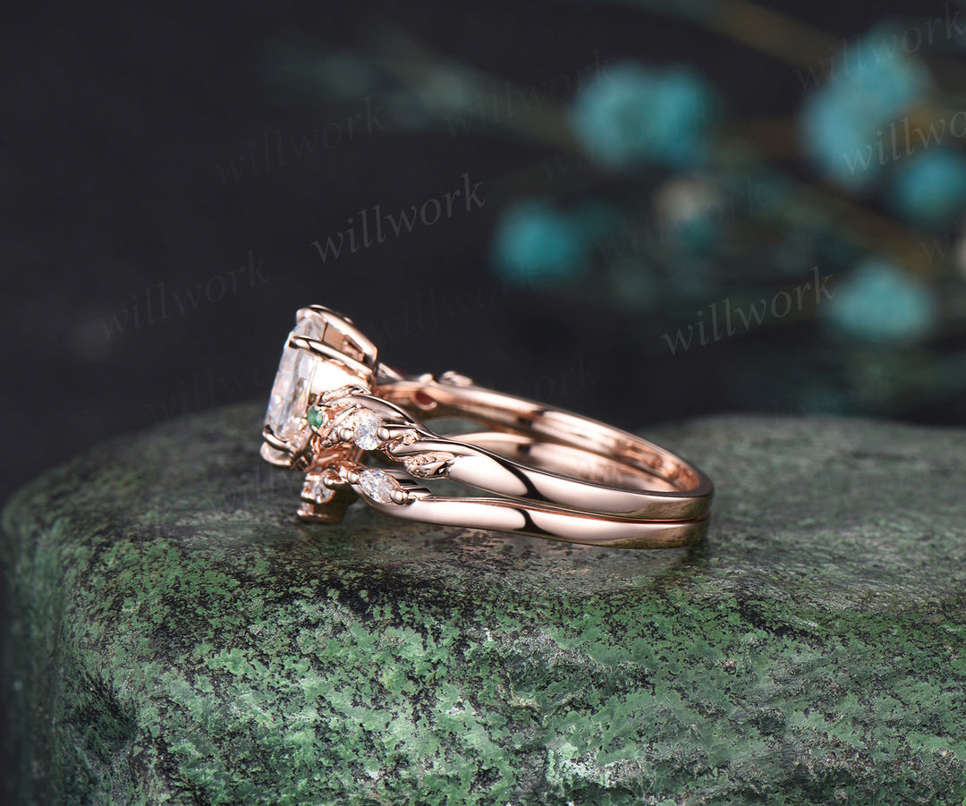 Oval moissanite engagement ring leaf twig ruby emerald accents ring moissnites wedding band nature-inspired bridal set jewelry gifts