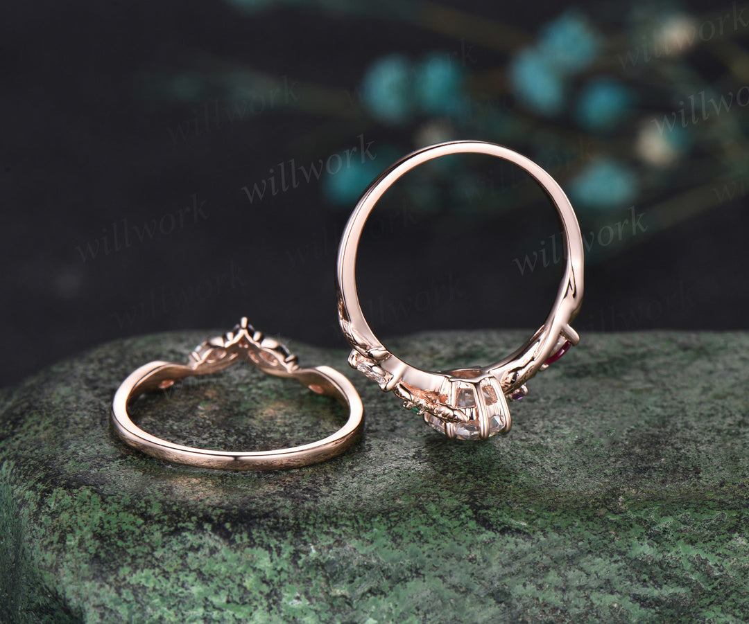 Oval moissanite engagement ring leaf twig ruby emerald accents ring moissnites wedding band nature-inspired bridal set jewelry gifts