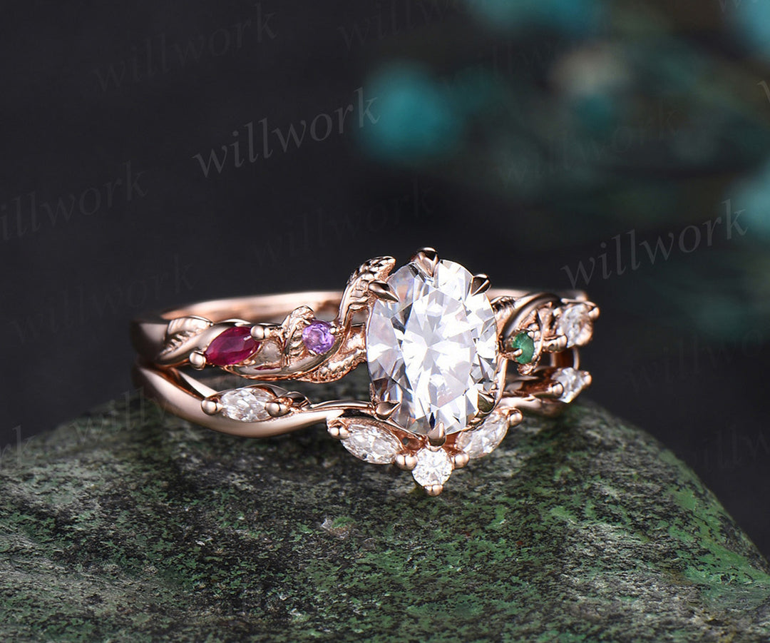 Oval moissanite engagement ring leaf twig ruby emerald accents ring moissnites wedding band nature-inspired bridal set jewelry gifts