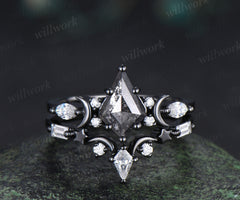 Kite cut salt and pepper diamond engagement ring set moon moissanite ring star curved wedding band anniversary gifts
