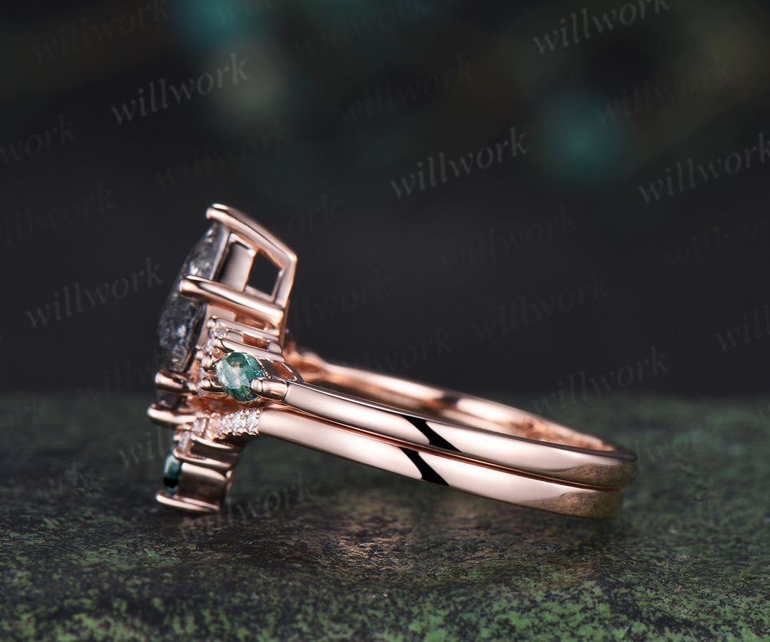Vintage kite cut salt and pepper diamond engagement ring set unique marquise moss agate seven stone diamond bridal set