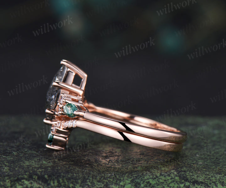 Vintage kite cut salt and pepper diamond engagement ring set unique marquise moss agate seven stone diamond bridal set