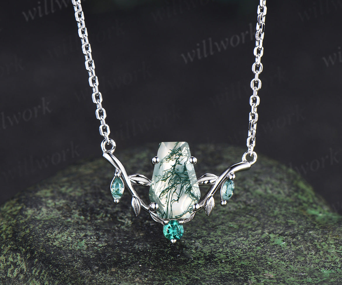 Unique coffin shaped natural moss agate necklace leaf twig nature