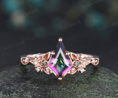 Kite cut rainbow topaz floral ring emerald moissanite diamond engagement ring magical topaz proposal ring crystal jewelry
