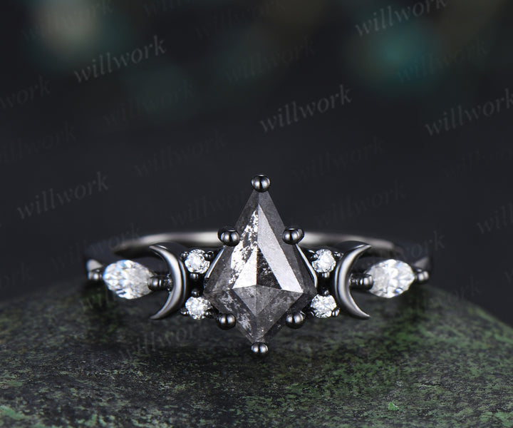 Kite cut salt and pepper diamond engagement ring set moon moissanite ring star curved wedding band anniversary gifts