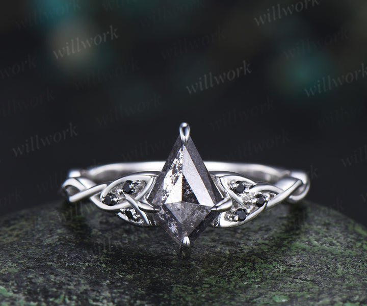 Kite cut salt and pepper diamond engagement ring celtic knot black diamonds twisted wedding ring unique promise ring