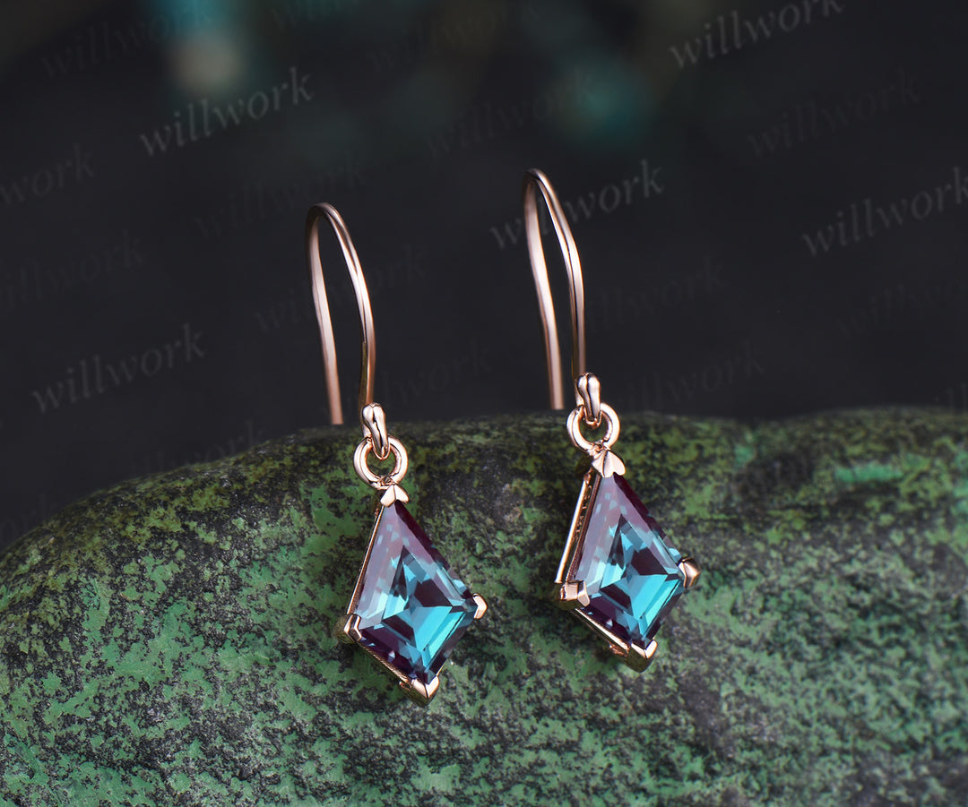 Kite cut alexandrite drop earrings solitaire minimalist earring hooks June birthstone jewelry gifts