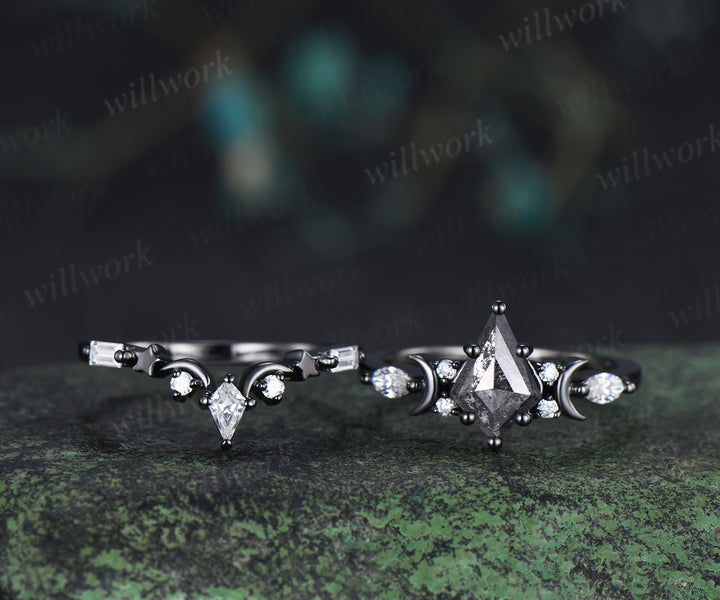 Kite cut salt and pepper diamond engagement ring set moon moissanite ring star curved wedding band anniversary gifts