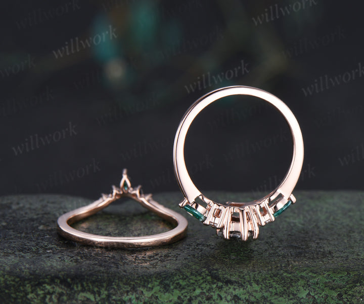 Vintage kite cut salt and pepper diamond engagement ring set unique marquise moss agate seven stone diamond bridal set