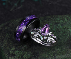Unique Coffin Kite Cut Amethyst Moon Bridal Ring Set & Tungsten Amethyst Men Wedding Band His and Her Couple Ring Set