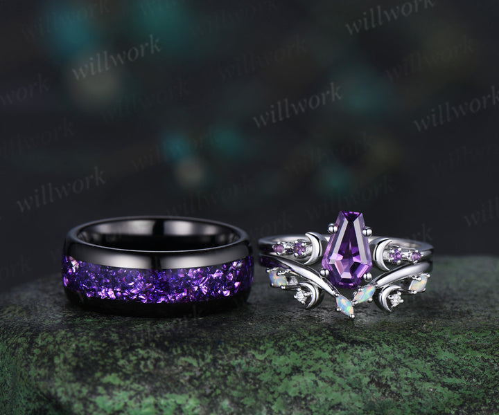 Unique Coffin Kite Cut Amethyst Moon Bridal Ring Set & Tungsten Amethyst Men Wedding Band His and Her Couple Ring Set