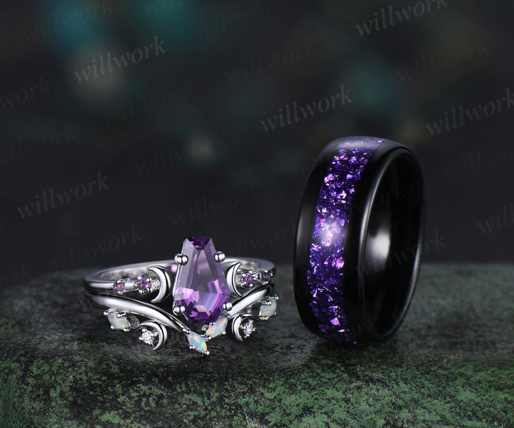 Unique Coffin Kite Cut Amethyst Moon Bridal Ring Set & Tungsten Amethyst Men Wedding Band His and Her Couple Ring Set