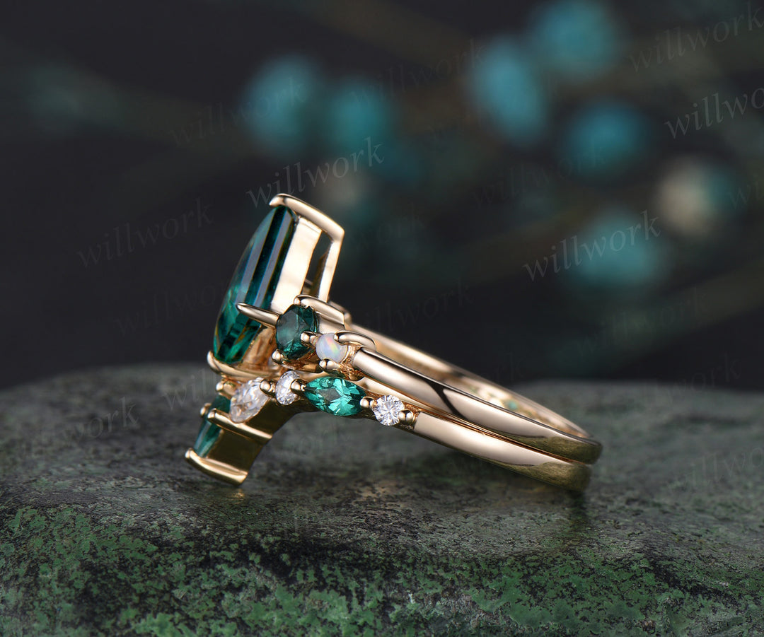 Unique kite emerald engagement ring set 5-Stone ring curved kite emerald moissanite wedding band May birthstone jewelry gifts