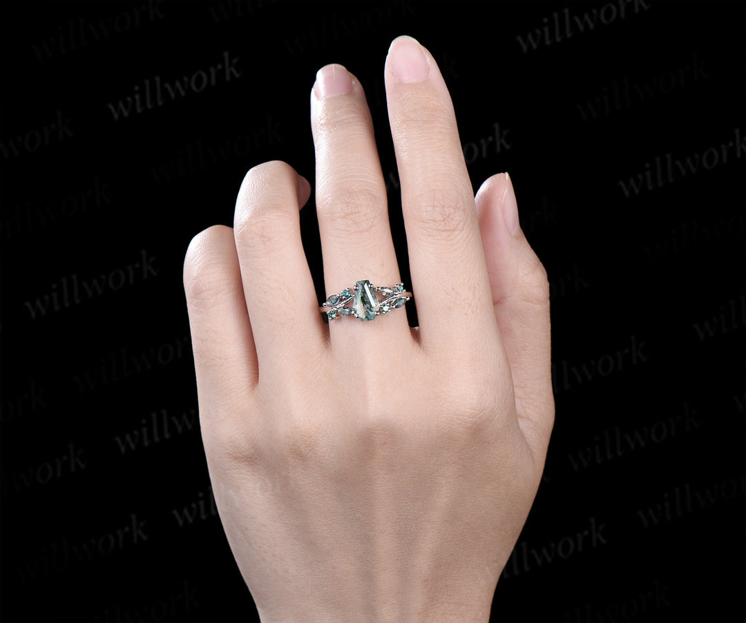 6x9mm coffin moss agate emerald ring unique split shank marquise moss agate engagement ring nature-inspired jewelry for her