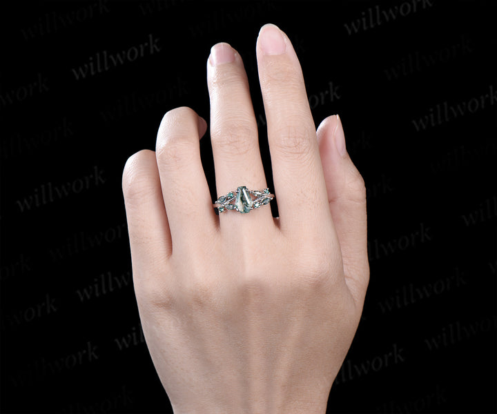 6x9mm coffin moss agate emerald ring unique split shank marquise moss agate engagement ring nature-inspired jewelry for her