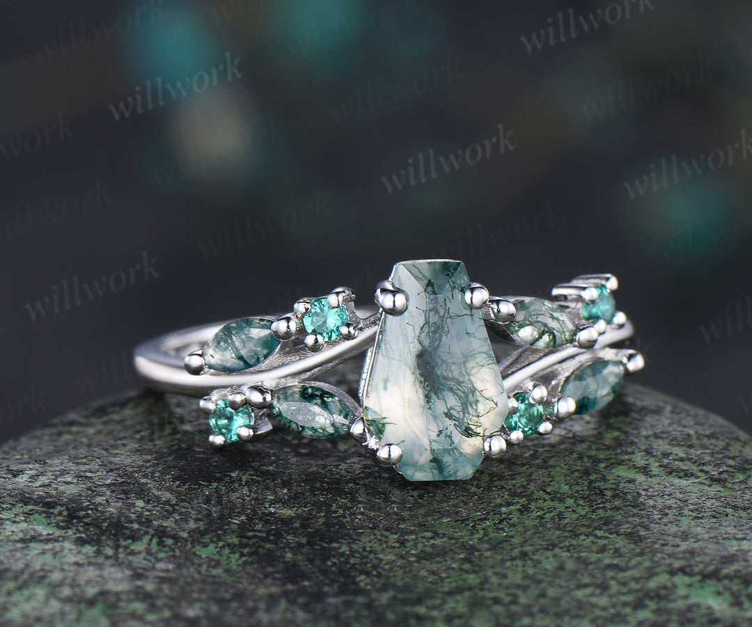 6x9mm coffin moss agate emerald ring unique split shank marquise moss agate engagement ring nature-inspired jewelry for her