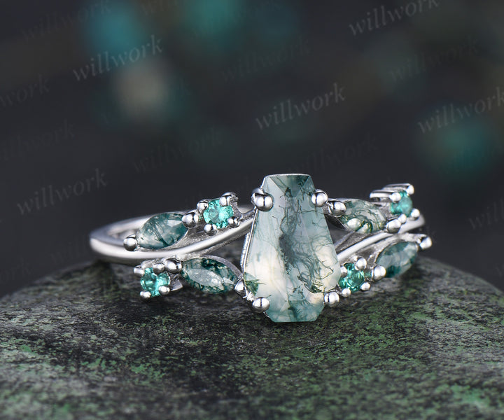 6x9mm coffin moss agate emerald ring unique split shank marquise moss agate engagement ring nature-inspired jewelry for her