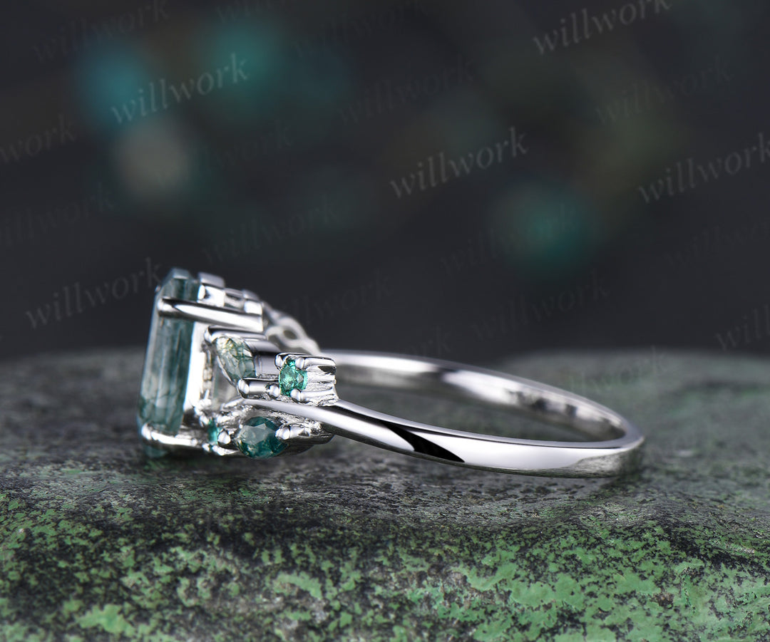 6x9mm coffin moss agate emerald ring unique split shank marquise moss agate engagement ring nature-inspired jewelry for her