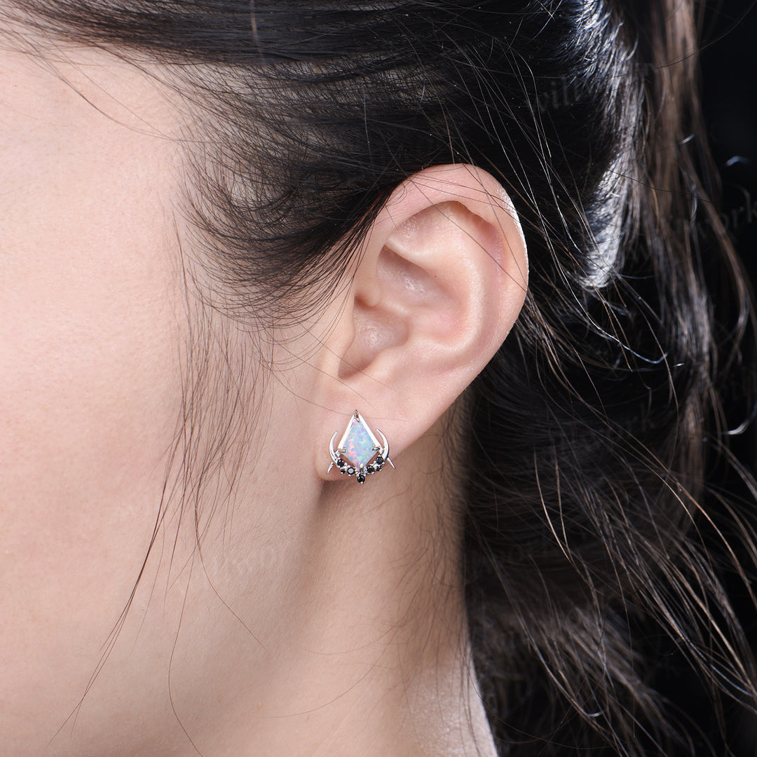 Unique kite cut opal earrings solid 14k 18k rose gold gothic moon cluster black spinel stud earrings piercing earrings for women
