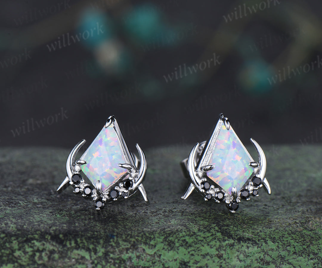 Unique kite cut opal earrings solid 14k 18k rose gold gothic moon cluster black spinel stud earrings piercing earrings for women