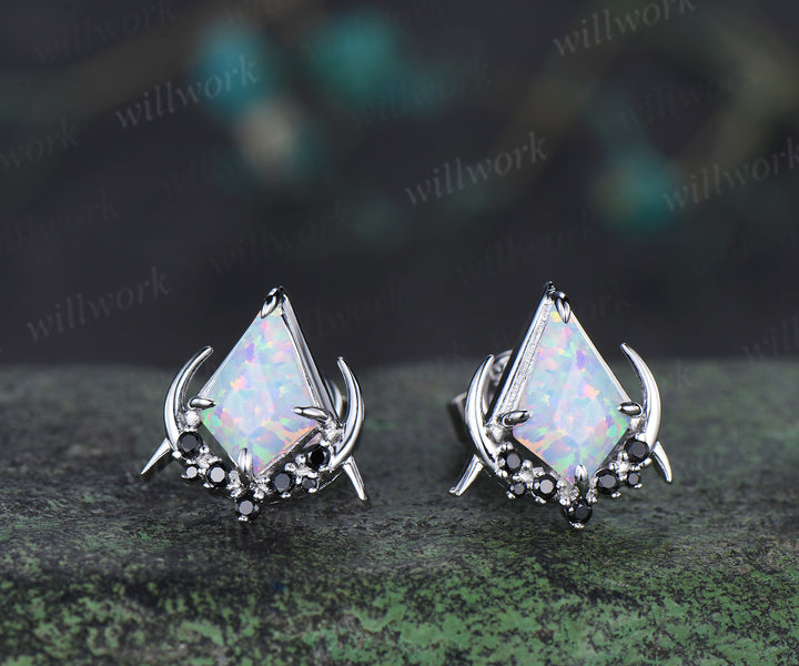Unique kite cut opal earrings solid 14k 18k rose gold gothic moon cluster black spinel stud earrings piercing earrings for women