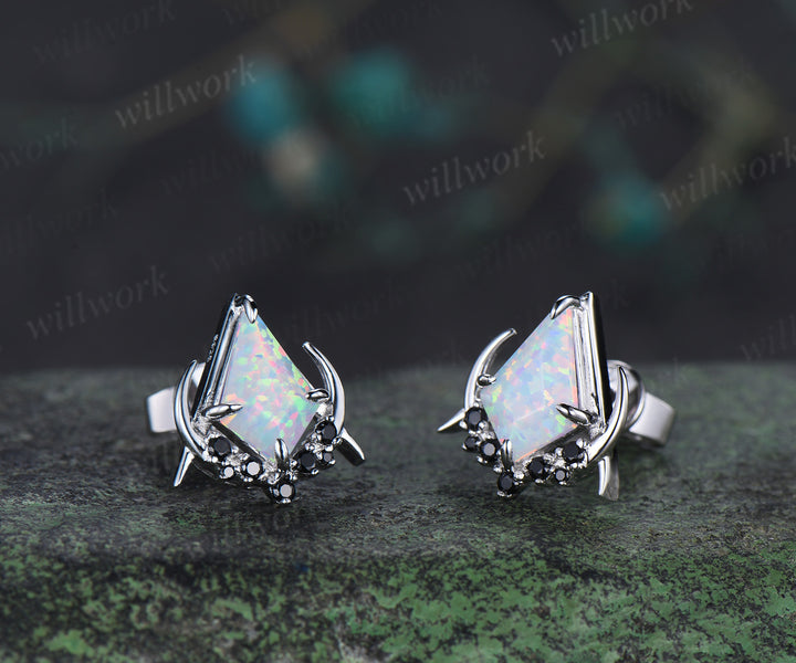Unique kite cut opal earrings solid 14k 18k rose gold gothic moon cluster black spinel stud earrings piercing earrings for women