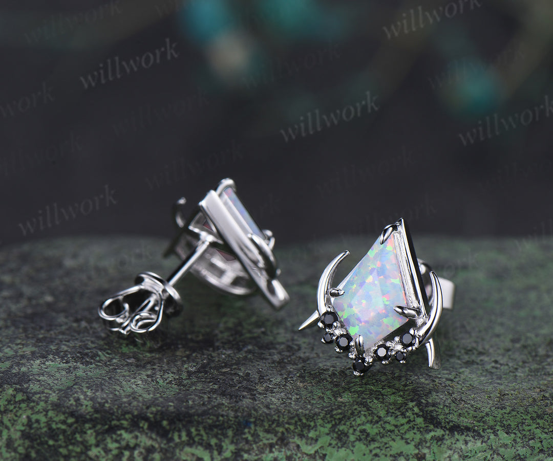 Unique kite cut opal earrings solid 14k 18k rose gold gothic moon cluster black spinel stud earrings piercing earrings for women