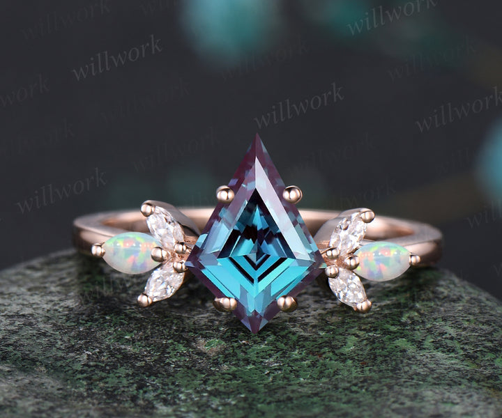Unique June Birthstone Kite Alexandrite Engagement Ring Set 14k Rose Gold Moissanite Amethyst Bridal Ring Set