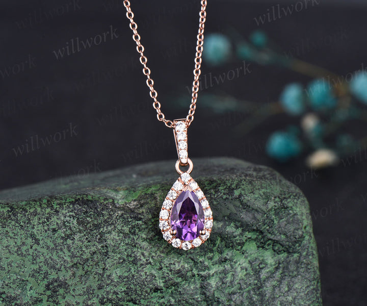 Pear shaped Amethyst  Necklace Solid 14k Rose Gold Vintage Unique Halo Diamond Necklace Pendant Women June Birthstone Anniversary Gift