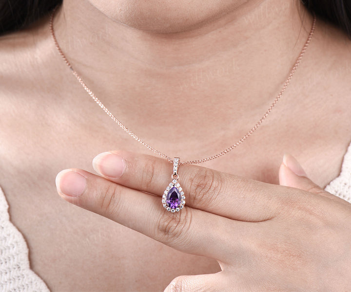 Pear shaped Amethyst  Necklace Solid 14k Rose Gold Vintage Unique Halo Diamond Necklace Pendant Women June Birthstone Anniversary Gift