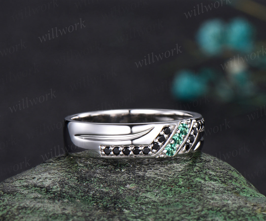 Unique Mens  Emerald Wedding Band Round Cut Band 5mm Solid Gold Ring Mens Black Onyx Handsome Man Rings Matching Band Ring Gift