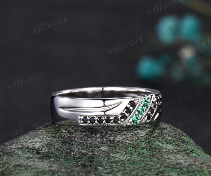 Unique Mens  Emerald Wedding Band Round Cut Band 5mm Solid Gold Ring Mens Black Onyx Handsome Man Rings Matching Band Ring Gift