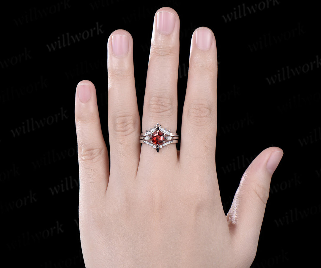 Hexagon cut red garnet engagement ring solid 14k white gold 6 prong vintage moissanite wedding bridal ring set women gemstone jewelry three stone