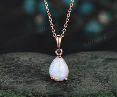 Pear shaped white opal necklace solid 14k rose gold Solitaire Teardrop opal pendant women anniversary gift
