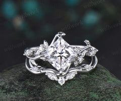 Nature Inspired Princess Cut Moissanite Engagement Ring 14k White Gold Twist Leaf Vine Ring Diamond Wedding Ring Set Proposal Gift for Women