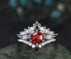 Hexagon cut red garnet engagement ring solid 14k white gold 6 prong vintage moissanite wedding bridal ring set women gemstone jewelry three stone