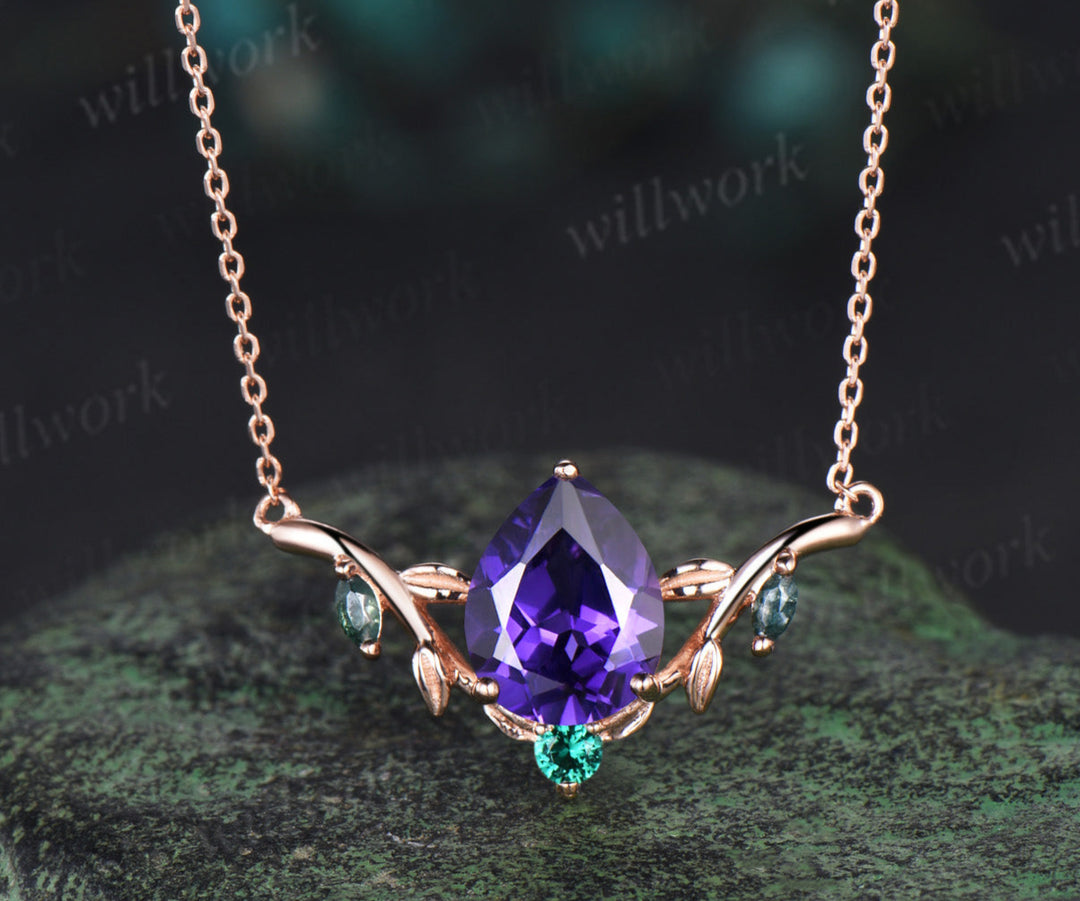 Pear shaped purple sapphire necklace solid 14k rose gold four stone moss agate emerald nature inspired leaf necklace anniversary gift women