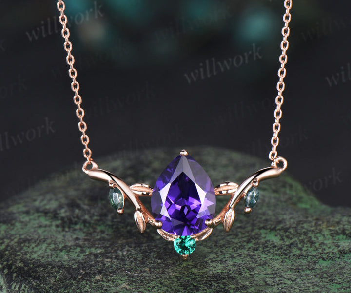 Pear shaped purple sapphire necklace solid 14k rose gold four stone moss agate emerald nature inspired leaf necklace anniversary gift women