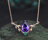 Pear shaped purple sapphire necklace solid 14k rose gold four stone moss agate emerald nature inspired leaf necklace anniversary gift women