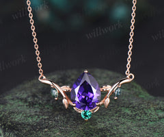 Pear shaped purple sapphire necklace solid 14k rose gold four stone moss agate emerald nature inspired leaf necklace anniversary gift women