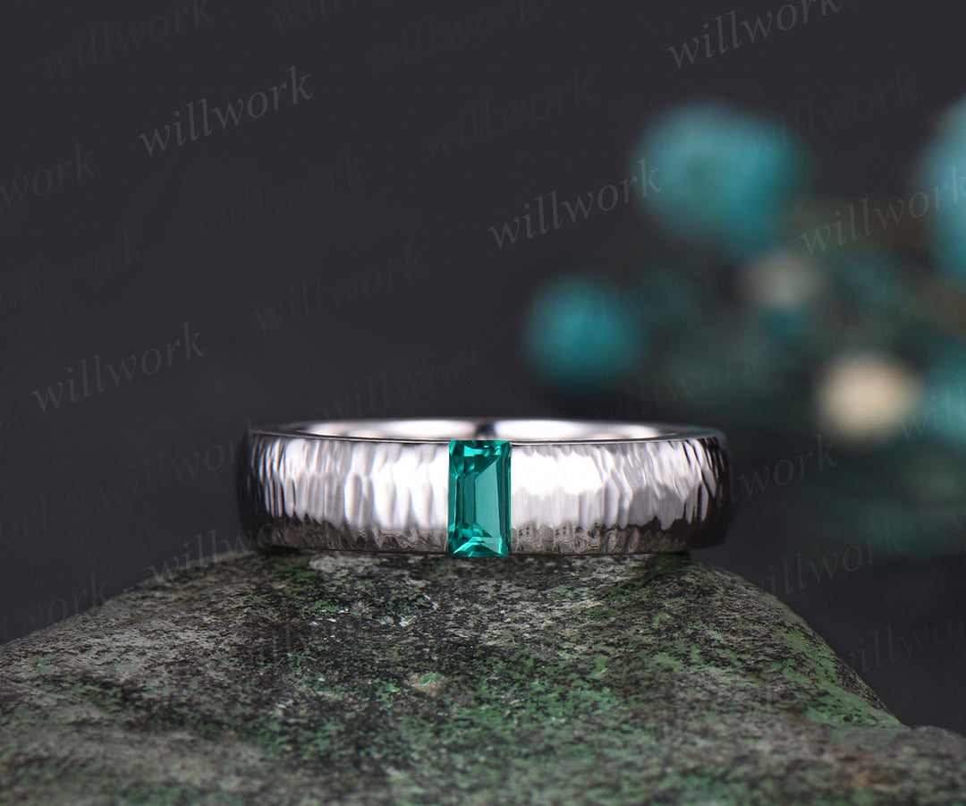 Unique Mens Emerald  Wedding Band Baguette Cut Green Gemstone Band 5mm Solid Gold Ring Mens Hammered Stacking Matching Band Retro Vintage Ring Gift